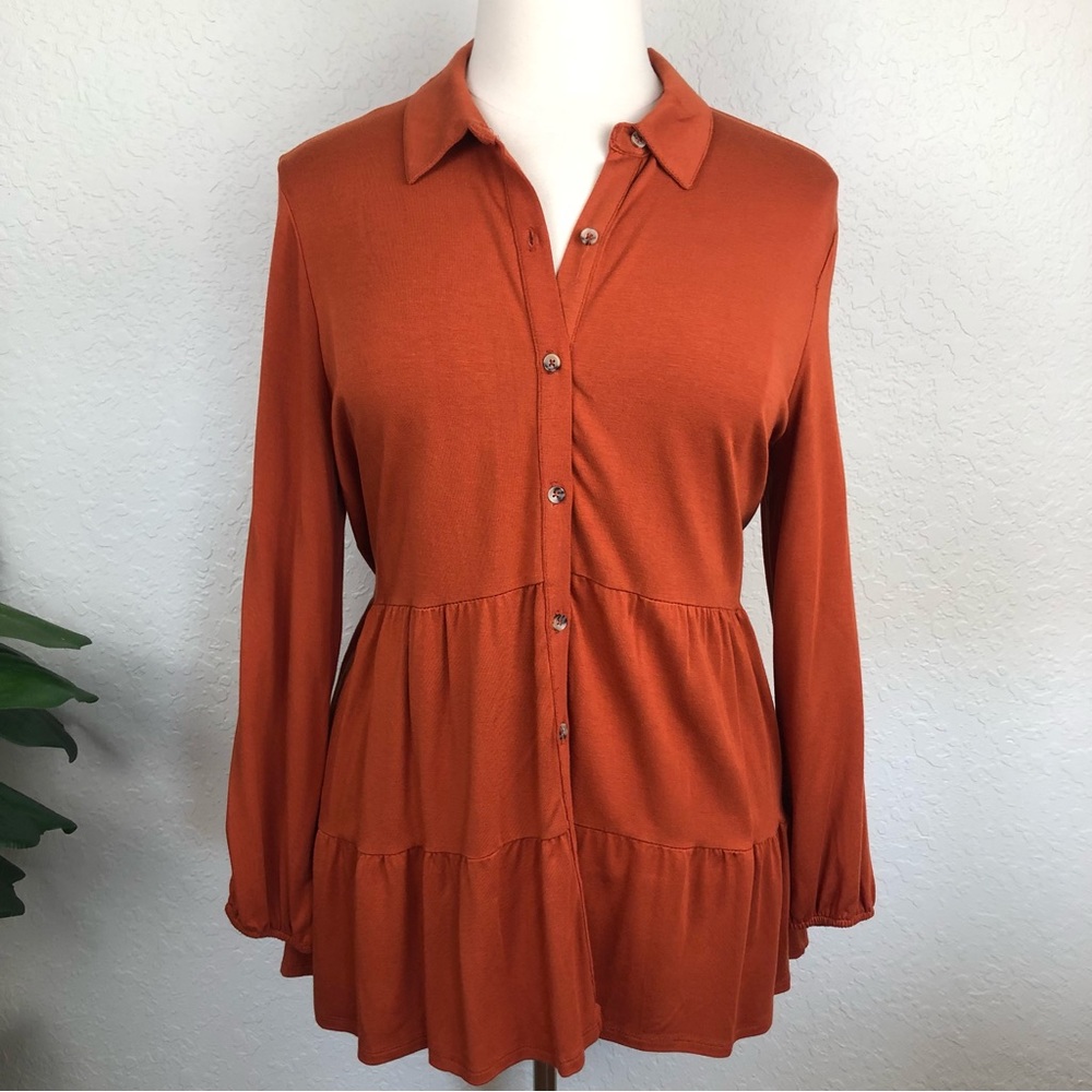 NWT Wonderly Plus Size Rust Burnt Orange Button Front V Neck Long Tunic- SZ-1X